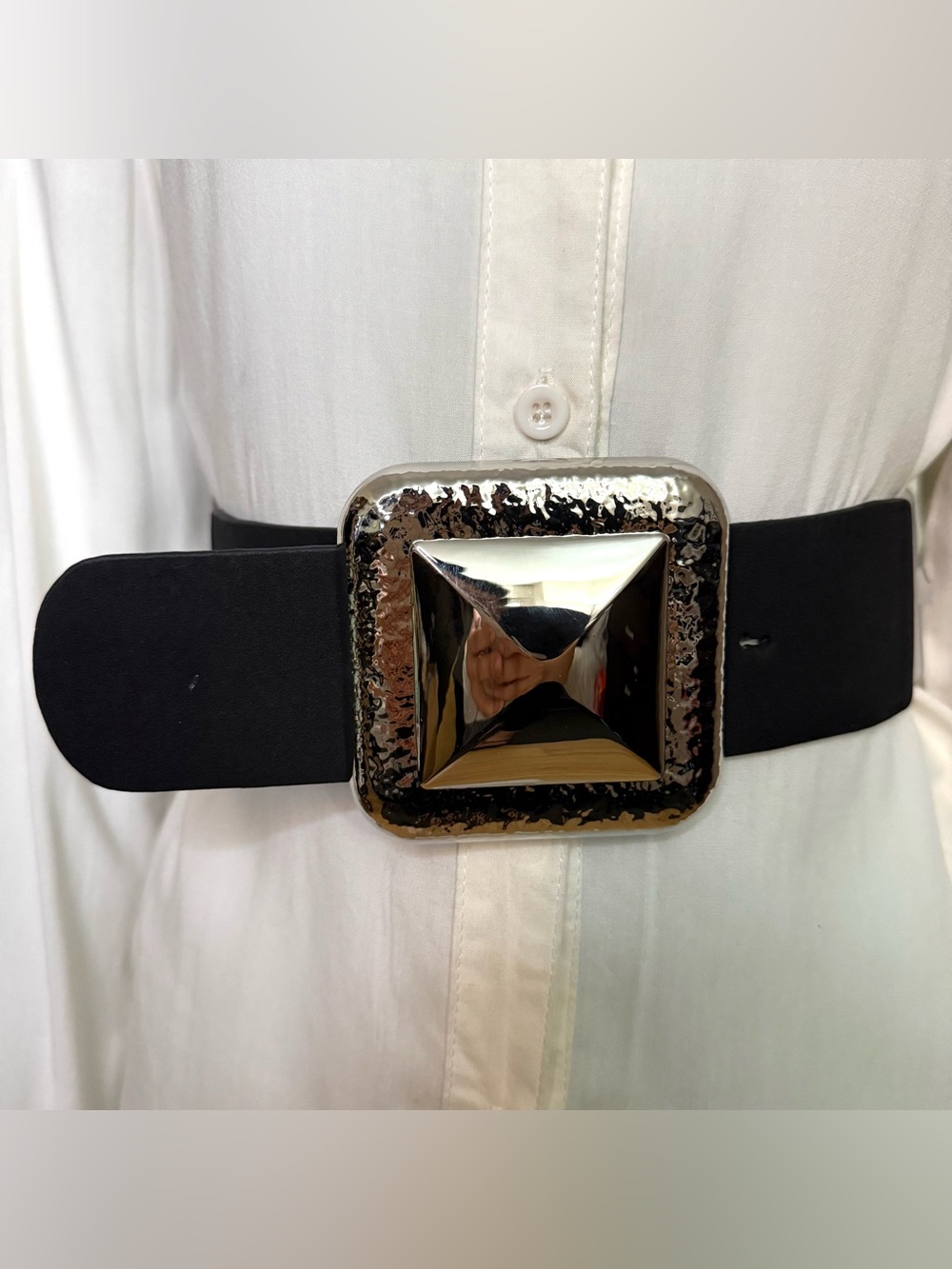Black PU suede leather elastic waistband belt with silver square buckle